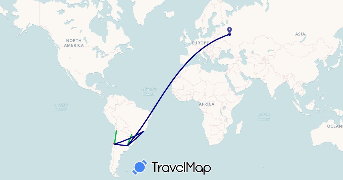 TravelMap itinerary: driving, bus, hiking in Argentina, Brazil, Chile, Russia (Europe, South America)